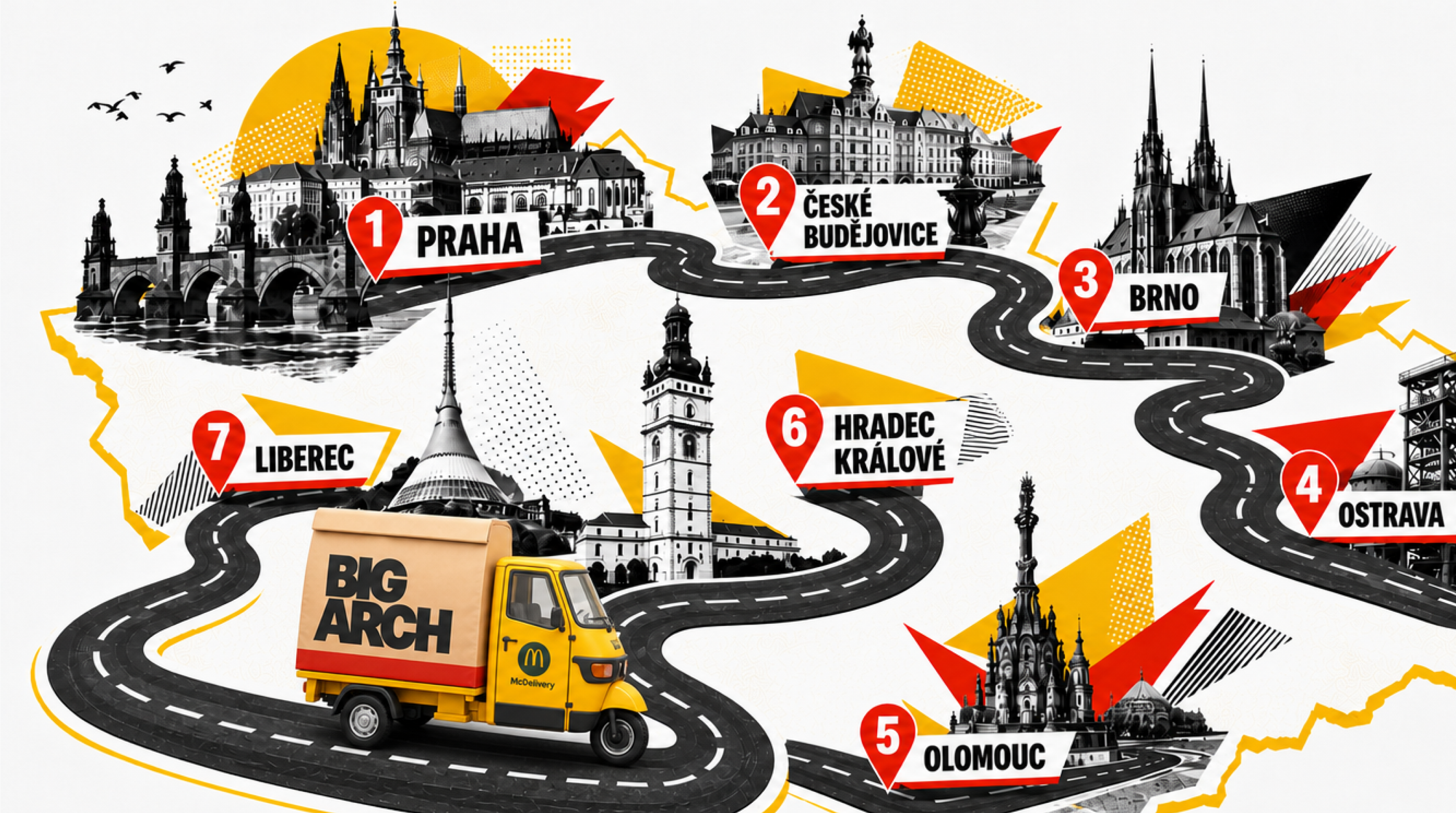 Trasa BIG ARCH přes Prahu, České Budějovice, Brno, Ostravu, Olomouc, Hradec Králové a Liberec.